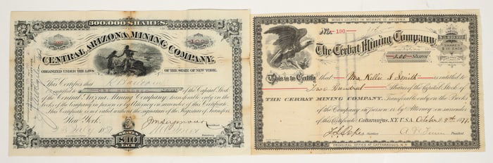 Two Different Arizona Mining Stock Certificates: Cerrat MC and Central Arizona [205023]