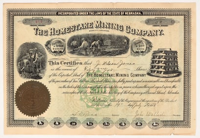 Homestake Mining Co. Stock Certificate, Bear City, Arkansas, 1888 [195876]