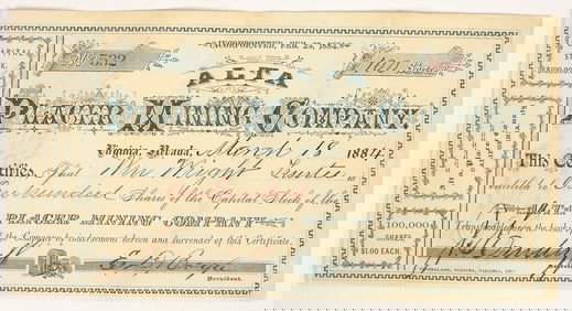 Alta Placer Mining Company Stock Certificate, Possibly Issued to Dan DeQuille (William Wright) [2053