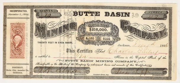 Butte Basin Mining Co. Stock Certificate [201222]