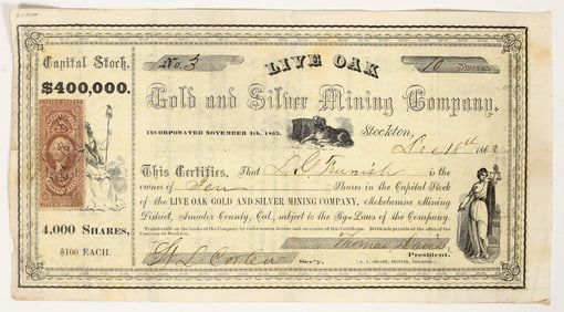 Live Oak Gold & Silver Mining Co. Stock Certificate, Amador County, CA 1863 [203935]