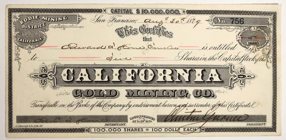California Gold Mining Company Stock Certificate, Bodie, CA, 1879 [204764]