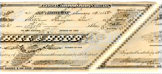 Hill & Hood Mining Company Stock Certificate, Bodie, CA, 1880 [195357]