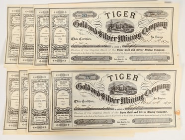 Tiger Gold & Silver Mining Co. Stock Certificates, Bodie, California (8) [203769]