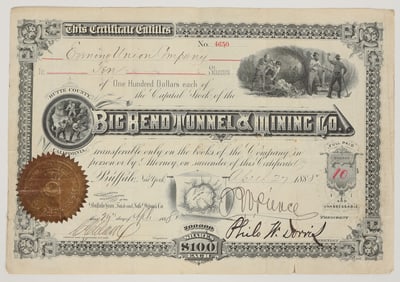 Big Bend Tunnel & Mining Company Stock Certificate, Butte County, California, 1888 [205208]