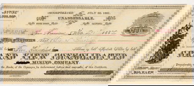 Grand View Consolidated Gold Mining Company Stock Certificate, 1882 [204760]