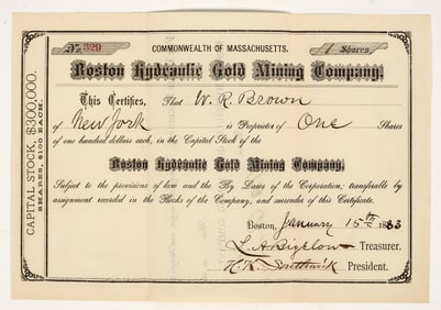 Boston Hydraulic Gold Mining Co. Stock Certificate, Calaveras County, CA 1883 [204200]