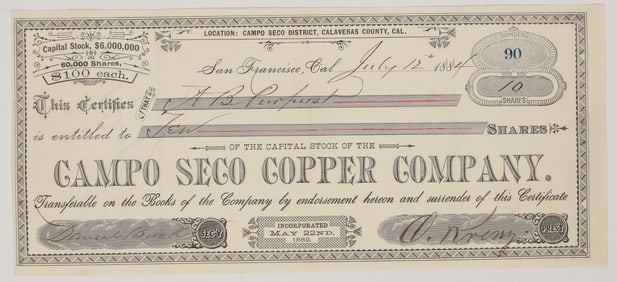 Campo Seco Copper Company Stock Certificate, 1884 [205021]