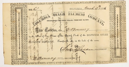 Columbia Gulch Fluming Company Stock Certificate, 1856, Gold Rush [204768]