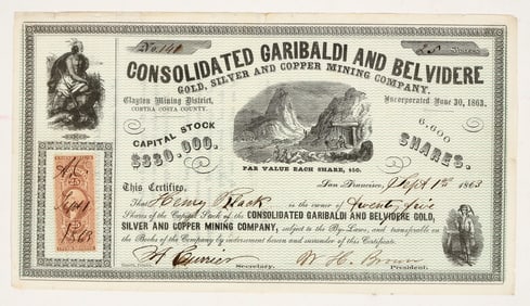 Consolidated Garibaldi & Belvidere GSC Mining Co. Stock Certificate, 1863 [204209]