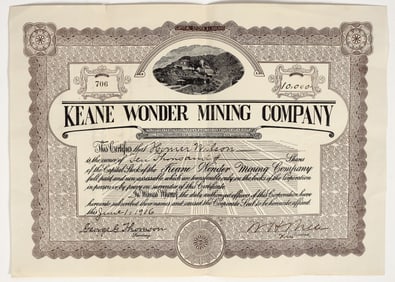 Keane Wonder Mining Company Stock Certificate, Death Valley, 1916 [195895]