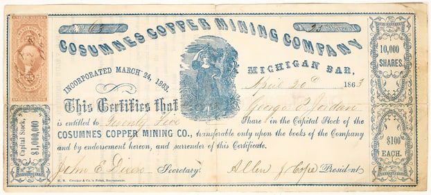 Cosumnes Copper Mining Company Stock Certificate, 1863 [204207]