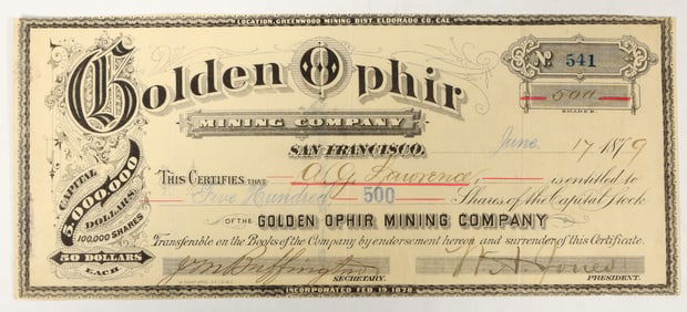 Golden Ophir Mining Company Stock Certificate, Greenwood, CA, 1879 [197927]