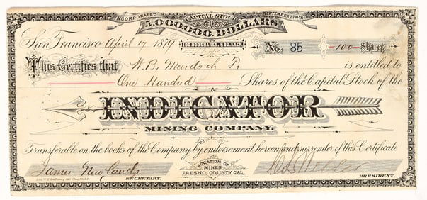 Indicator Mining Company Stock Certificate, Fresno County, CA, 1879 [195862]