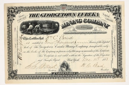 Georgetown Eureka Mining Company Stock Certificate, 1881 [204545]