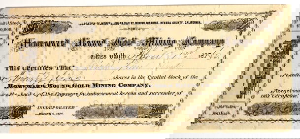 Homeward Bound Gold Mining Company Stock Certificate, 1876 [204169]