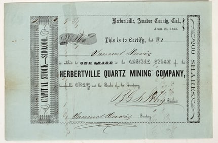 Herbertville Quartz Mining Stock Certificate, 1855, California Gold Rush [204822]
