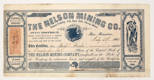 Nelson Mining Company Stock Certificate, Inyo County, California 1863 [204198]