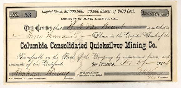 Columbia Consolidated Quicksilver Mining Co. Stock Certificate, 1874 [195490]