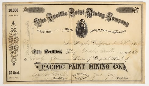 Pacific Paint Mining Company Stock Certificate, 1878 [204779]