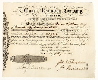 Quartz Reduction Company, Limited, Stock Certificate, 1856, California Gold Rush [204753]