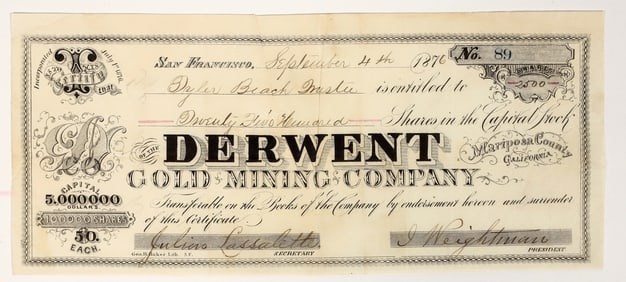 Derwent Gold Mining Company Stock Certificate, 1876 [204161]