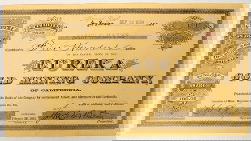Eureka Gold Mining Company Stock Certificate, Hornitos, Mariposa County, CA, 1884 [197926]