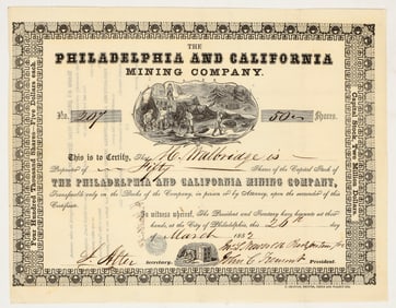 Philadelphia & California Mining Company Stock Certificate, Gold Rush, 1852 [195913]