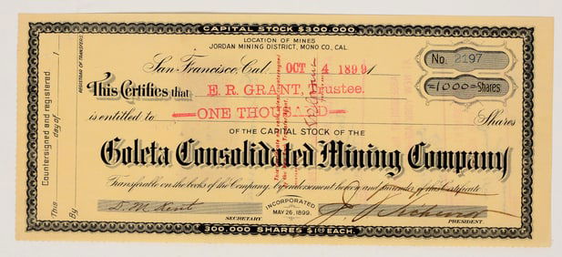 Goleta Consolidated Mining Co. Stock Certificate, Mono County, CA, 1899 [205006]