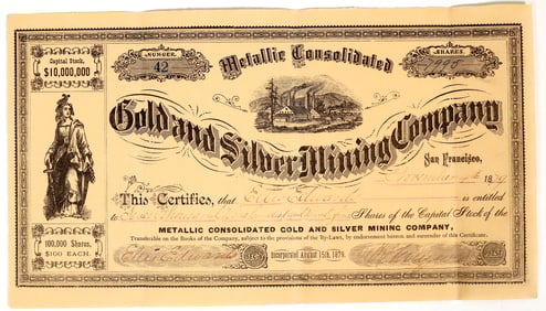 Metallic Consolidated Gold & Silver Mining Co. Stock Certificate, 1879 [204298]