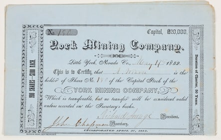 York Mining Co. Stock Certificate, Nevada County, California 1852 Gold Rush [205004]