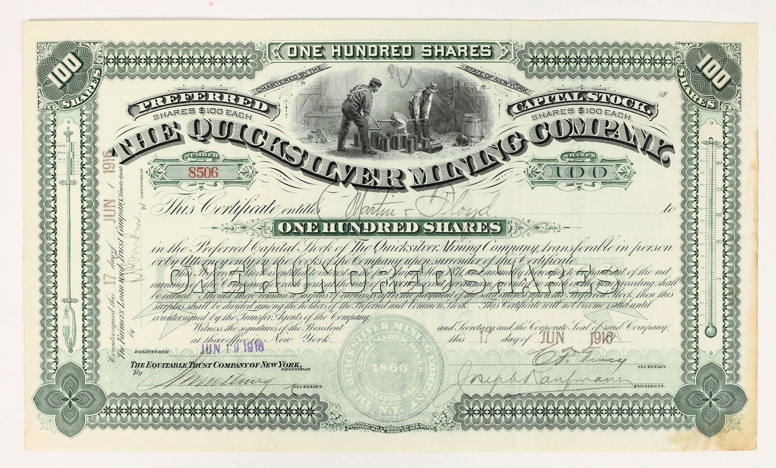 Quicksilver Mining Company Stock Certificate, 1916 [204146]: Inc. in New York. No. 8506, issued for 100 shares in 1916 to Martin & Floyd. Signed by the president and secretary. Not cancelled. Vignette of miners filling flasks. Thermometer and barometer vignette
