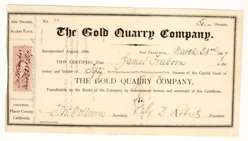 Gold Quarry Company Stock Certificate, Placer County, California, 1867 [195872]