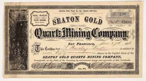 Seaton Gold Quartz Mining Company Stock Certificate, 1876 [204139]