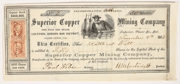 Superior Copper Mining Company Stock Certificate, Placer County, CA, 1863 [203941]