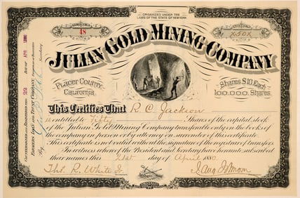 Julian Gold Mining Company Stock Certificate  1880 [169304]