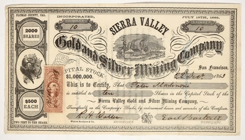 Sierra Valley Gold & Silver Mining Co. Stock Certificate, Plumas County, CA 1863 [203932]