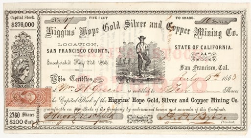 Higgins' Hope Gold, Silver and Copper Mining Co. Stock [200267]