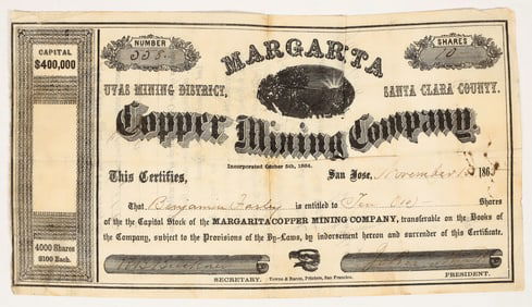 Margarita Copper Mining Co. Stock Certificate, Santa Clara County, CA, 1863 [203938]