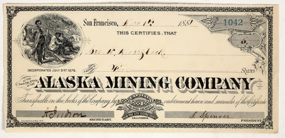Alaska Mining Company Stock Certificate, Pike City, Sierra County, CA, 1881 [201203]
