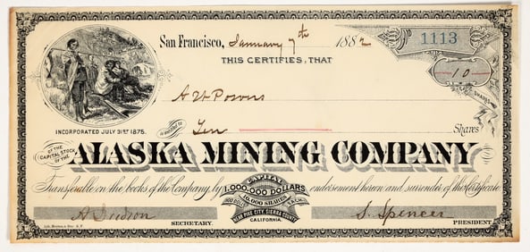 Alaska Mining Company Stock Certificate, Pike City, Sierra County, CA, 1882 [195889]