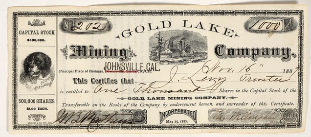 Gold Lake Mining Company Stock Certificate, 1889 [204535]