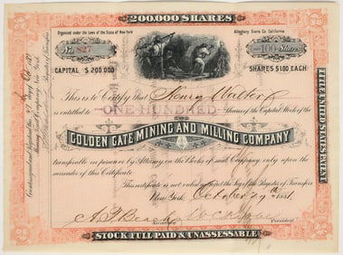 Golden Gate Mining & Milling Co. Stock Certificate, Alleghany, 1881 [203930]