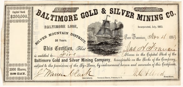 Baltimore Gold & Silver Mining Co. Stock Certificate, Silver Mountain, 1863 [204512]