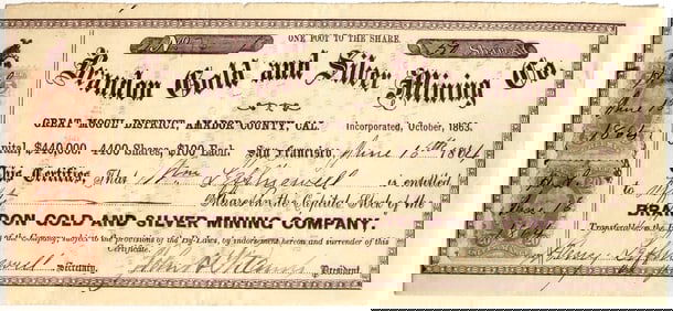Brandon Gold & Silver Mining Co. Stock Certificate, 1864 (Alpine County, CA) [195363]