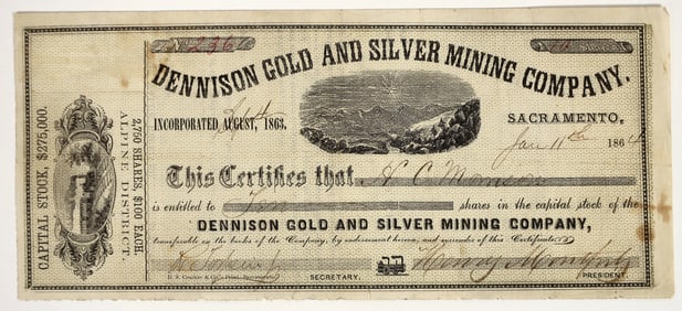 Dennison Gold & Silver Mining Co. Stock Certificate, Silver Mountain, CA, 1864 [204905]