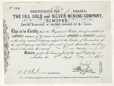 IXL Gold & Silver Mining Company, Ltd., Stock Certificate, 1874 [195492]