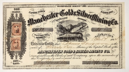 Manchester Gold & Silver Mining Co. Stock Certificate, Silver Mountain, CA 1864 [204813]