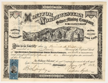 Monitor & Northwestern Silver Mining Co. Stock Certificate, Silver Mountain, CA 1872 [195884]
