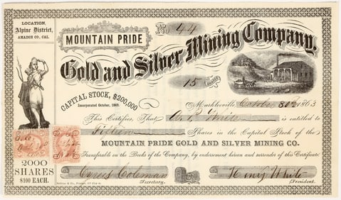Mountain Pride Gold & Silver Mining Company Stock Certificate, Silver Mountain, 1863 [203920]